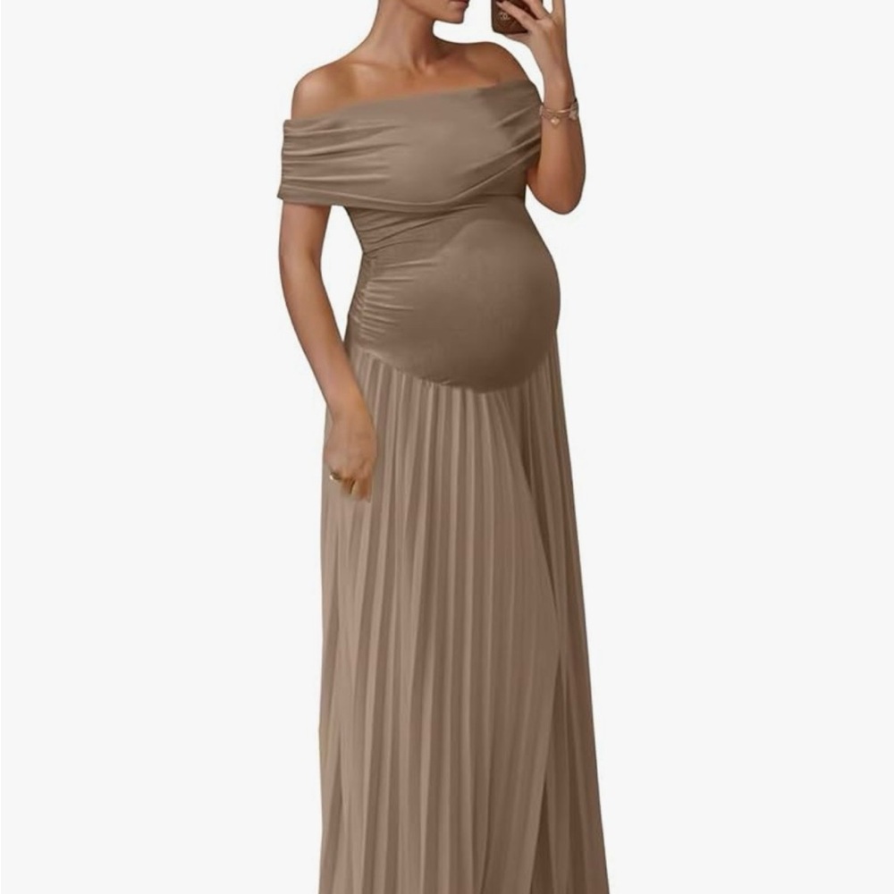 Chic Off-Shoulder Maternity Maxi Dress in Brown